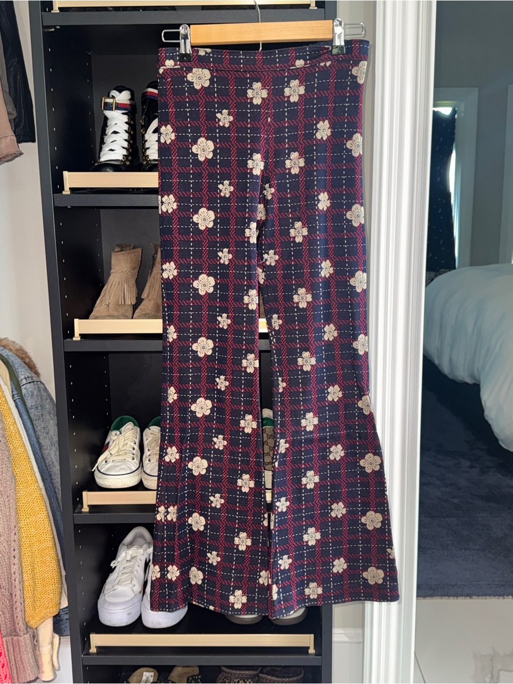Gucci Navy & Burgundy Plaid Floral Boot-Cut Pants